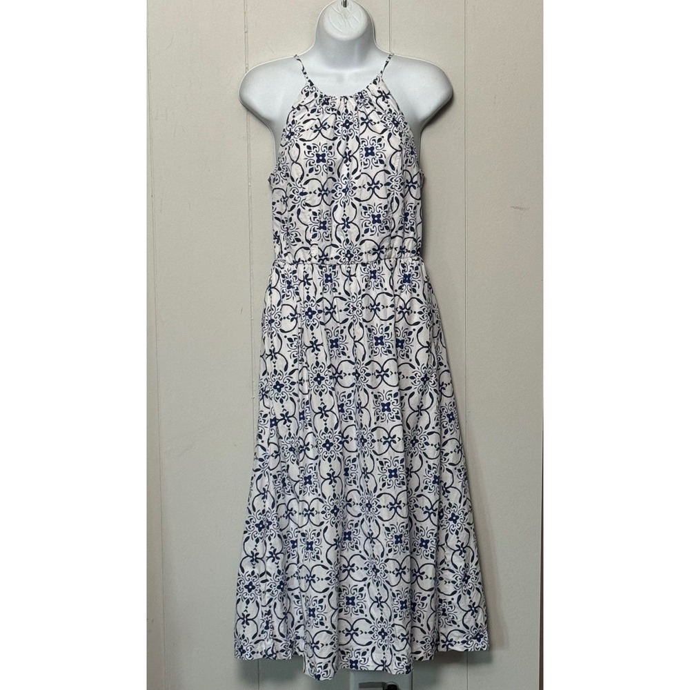 J.Crew Women's Blue White Tile Print Halter Midi Dress Keyhole Back Size 2